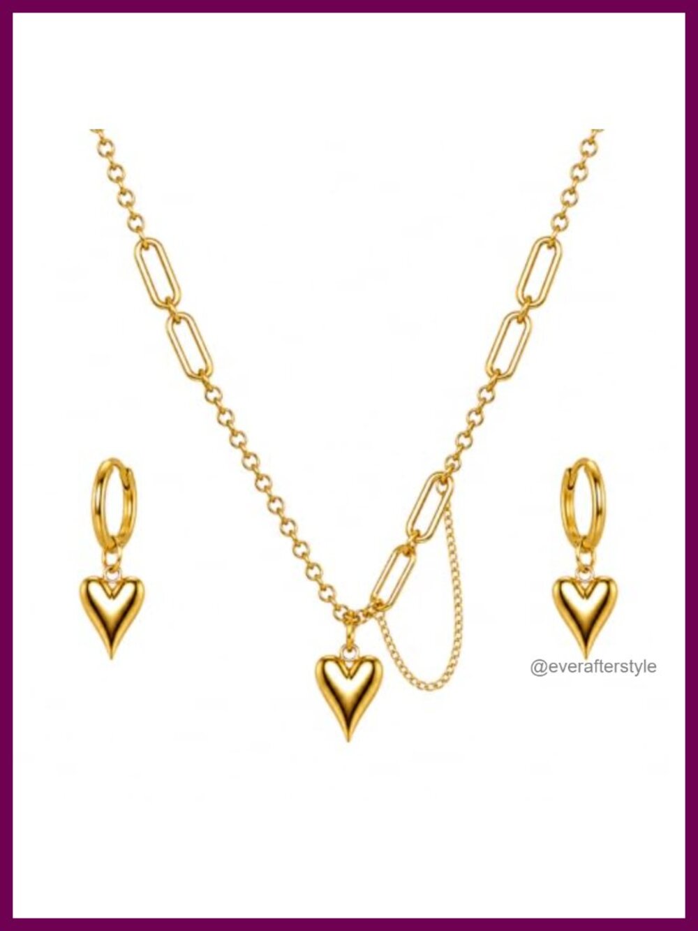 Gold Plated Stainless Steel Necklace Earring Set with Heart Pendant Adjustable